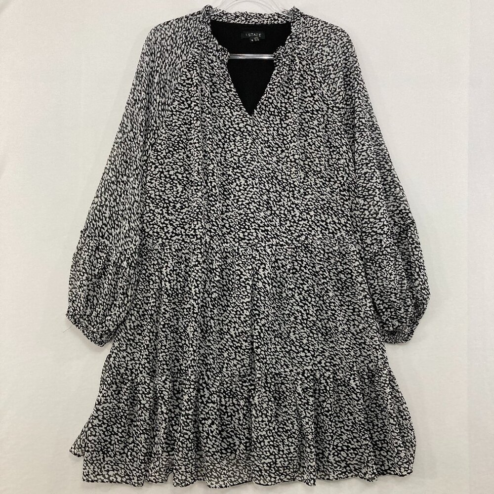 1. State Dress size‎ XL Black Gray Abstract Print Puff Sleeve Tiered Feminine